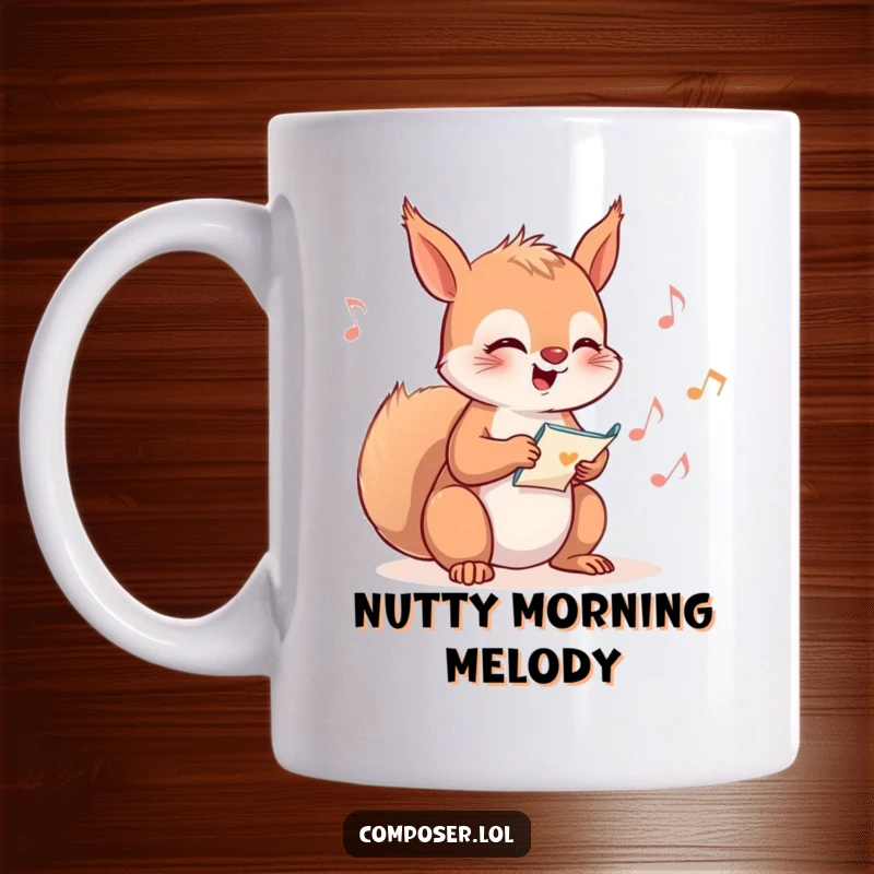 Funny Squirrel Composer Mug, a giggling squirrel happily writing musical notes while humming a cheerful tune.