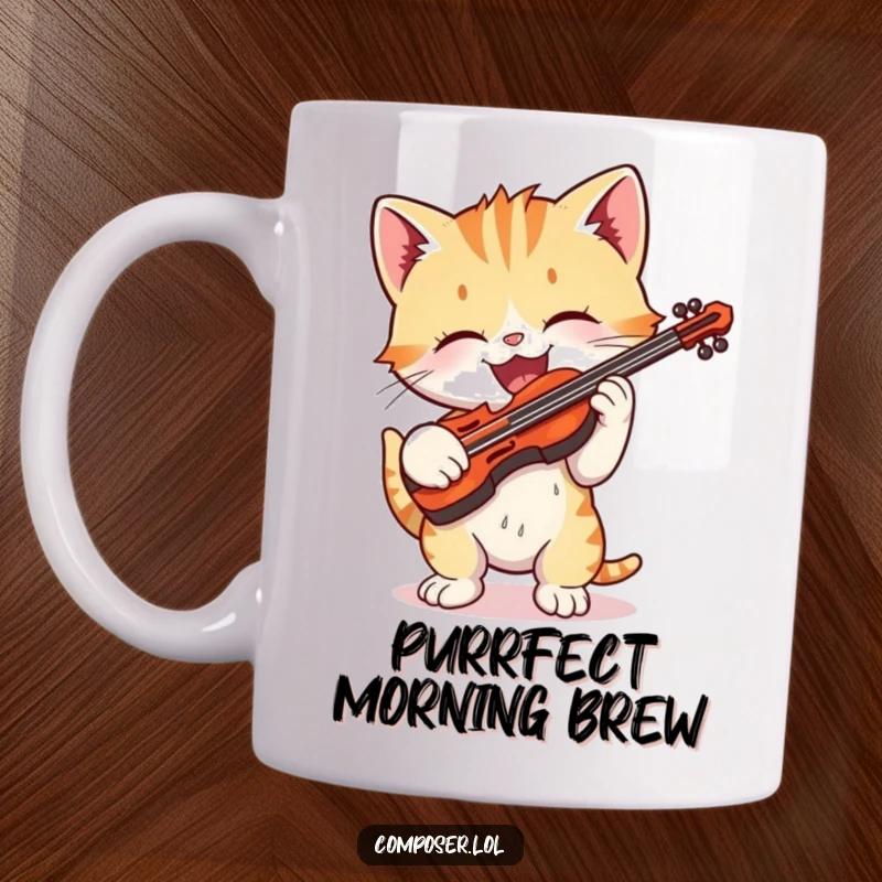 Funny cartoon kitten gleefully playing a tiny violin with exaggerated delight on a mug, celebrating joyful music.