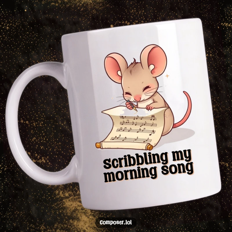 Funny Composer Mouse Mug: Determined mouse meticulously writing musical notes on a scroll, focused and artistic gift