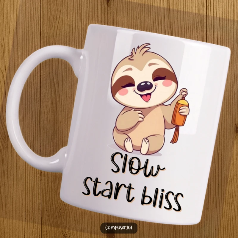 Funny, goofy sloth character gently tapping a single chime with a slow, pleased grin on a ceramic mug.