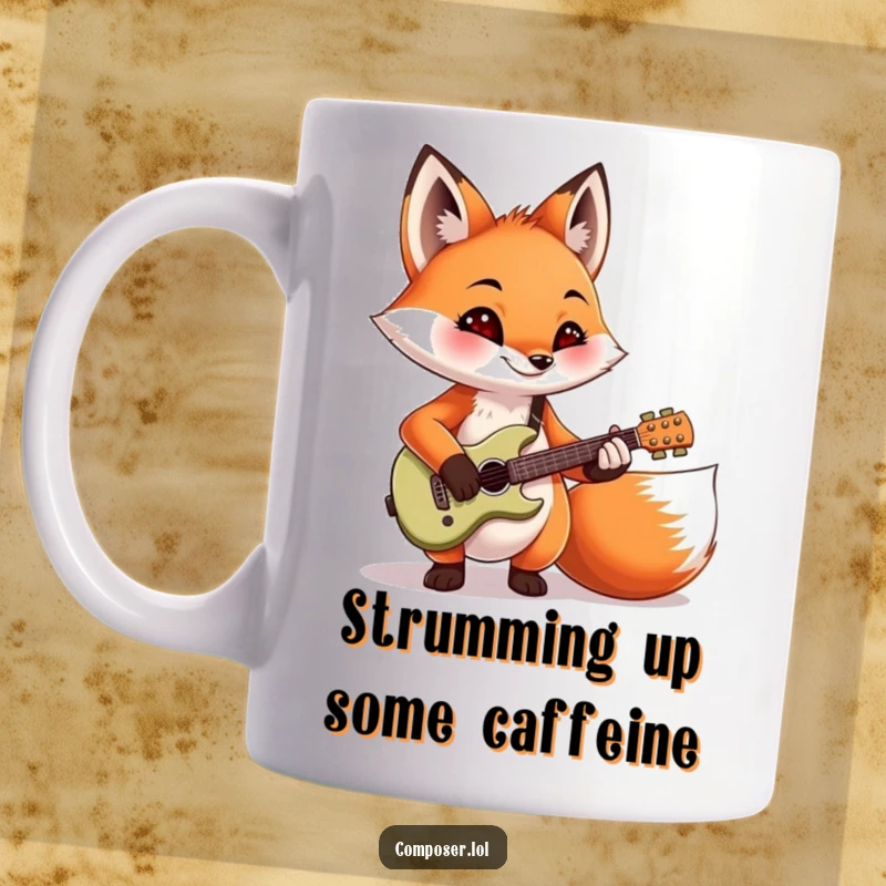 Funny fox playing a miniature guitar with a rockstar flourish, looking mischievous and cool. Ideal gift for musicians.