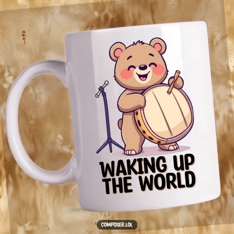 Funny, playful bear joyfully tapping a large drum with drumsticks. Ideal gift for drummers.