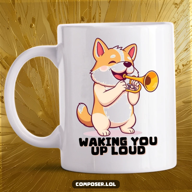 Funny Trumpet Dog Mug: Proud dog with puffed chest playing majestic trumpet, musical and humorous desk accessory
