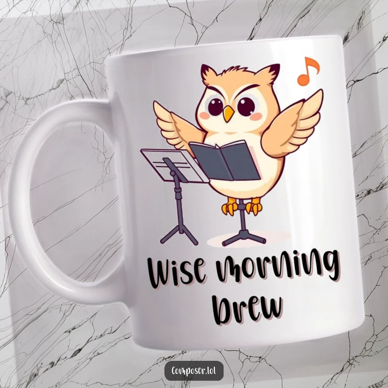 Funny owl composer mug, a cheerful owl on a music stand, pointing at a musical note with excitement.