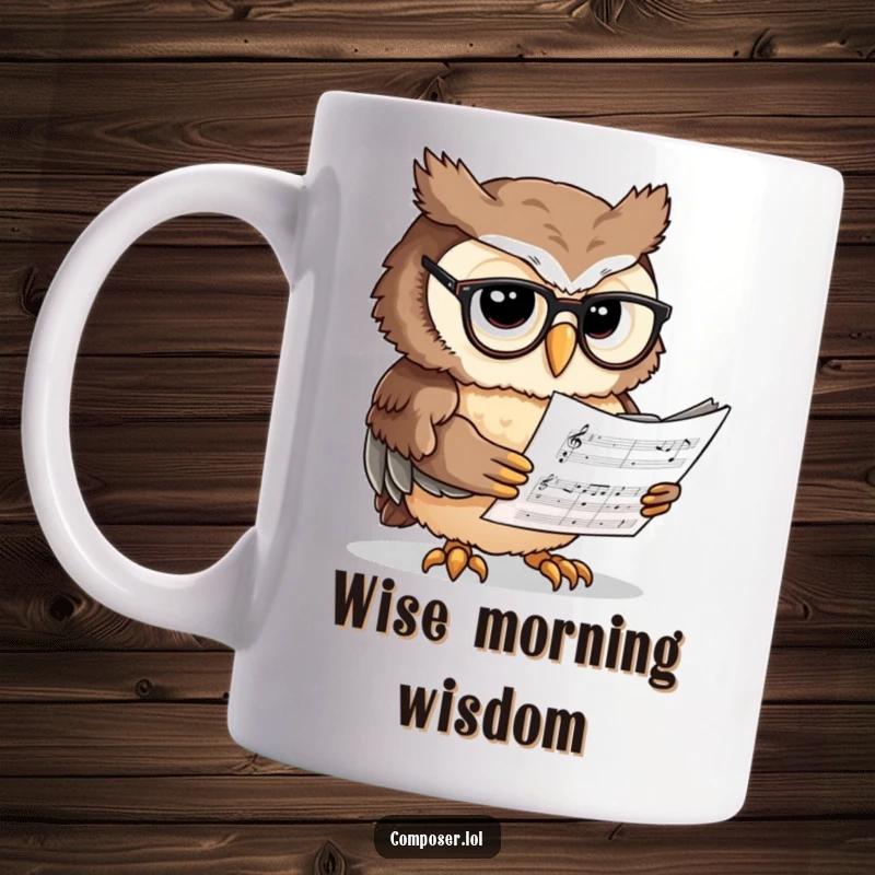 Funny Owl Scholar Mug - A wise owl in spectacles reading sheet music, perfect for the studious and music-loving individual.