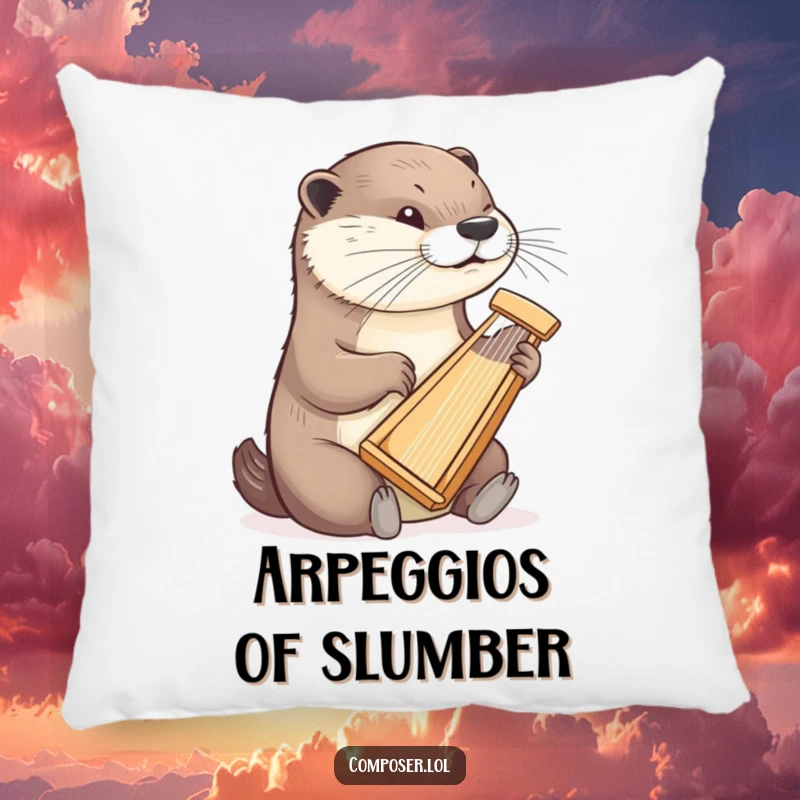 Funny otter pillow featuring a determined otter playing a tiny harp, a soft and humorous decorative item.