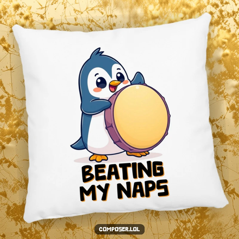 Funny Penguin Pillow: A penguin joyfully pounds a giant drum with big eyes, a soft and musical accent.