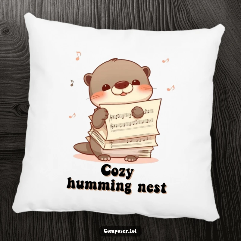 Funny pillow featuring a shy otter peeking from behind sheet music, humming happily, offering comfort and serene musical vibes.