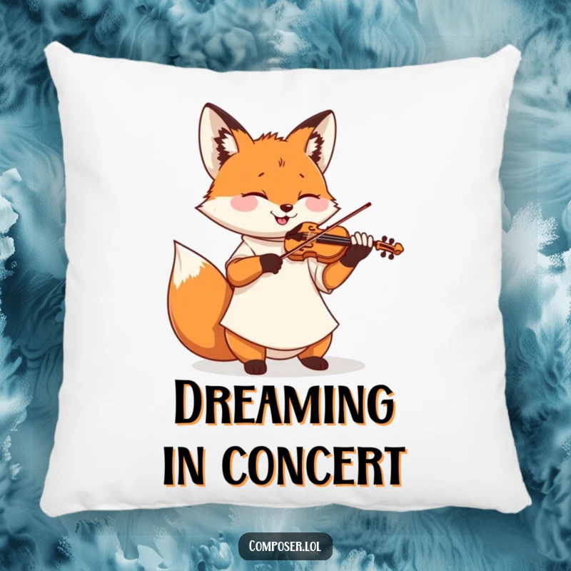 Funny pillow design of a fox wearing a smock, passionately playing a miniature violin with its eyes shut in delight.
