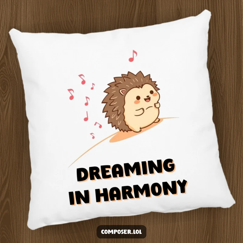 Funny pillow featuring a happy hedgehog rolling downhill, leaving behind a whimsical trail of smiling musical notes, perfect for adding comfort and cheer.