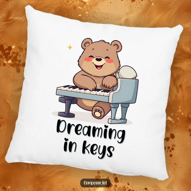 Funny bear composer pillow, a smiling bear at a piano, providing soft comfort and musical cheer.