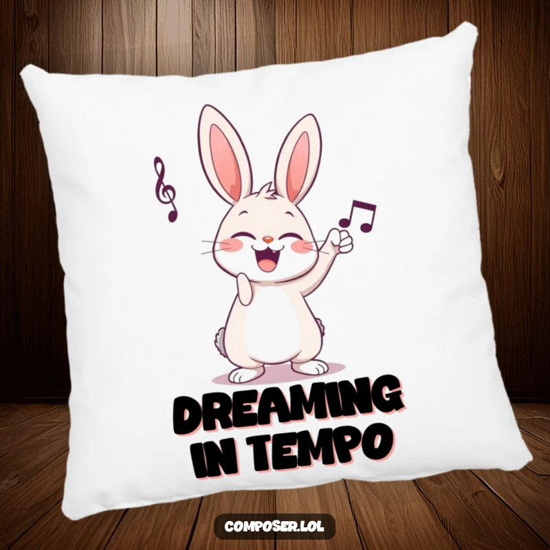 Funny giggling cartoon rabbit composer tapping musical notes on a soft pillow, a comfy musical joke.