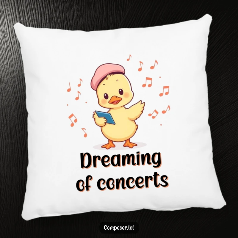 Funny pillow featuring a duckling conductor in a beret leading musical notes, offering soft comfort and humorous musical charm.