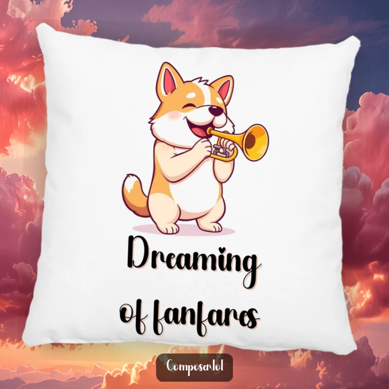 Funny Trumpet Dog Pillow: Proud dog with puffed chest playing majestic trumpet, comfortable and humorous home decor