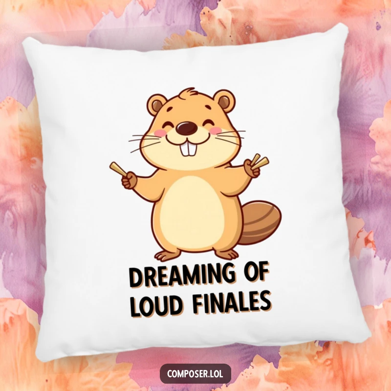 Funny Beaver Cymbals Pillow: Smiling beaver enthusiastically banging cymbals with a happy flourish, comfortable and humorous decor