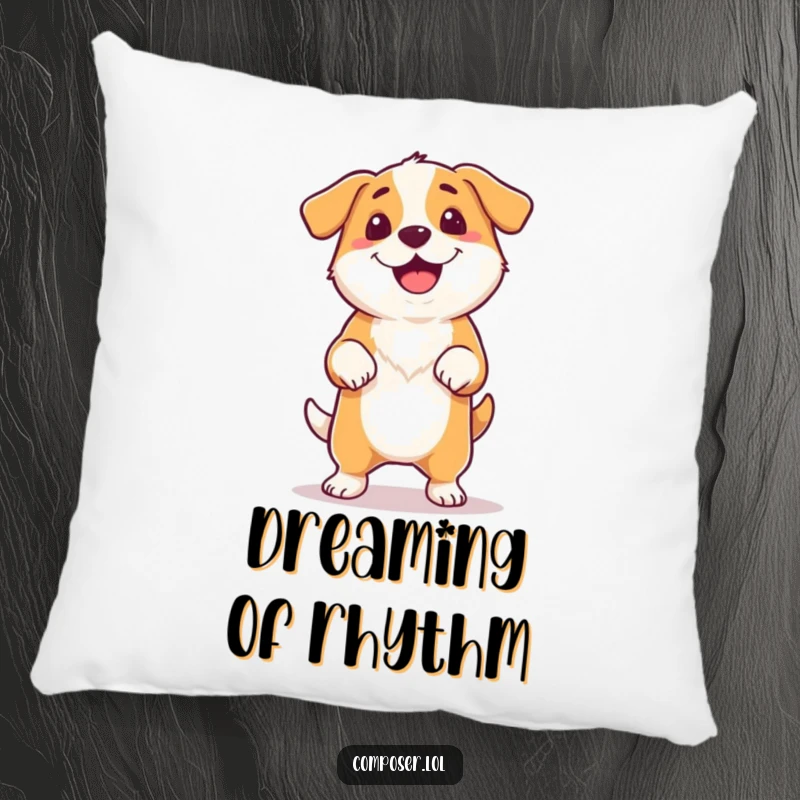 Funny proud dog tapping its foot, tail wagging happily, to an unheard tune, comfortable pillow.