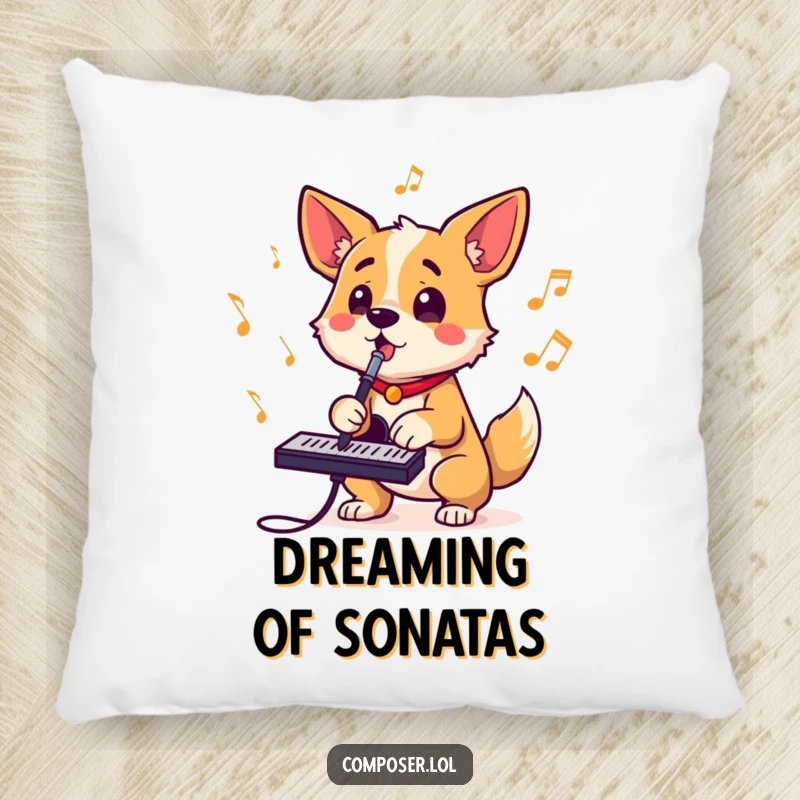 Funny pillow featuring a determined dog composer barking out rhythms, tail wagging, with bright eyes, perfect for music lovers.
