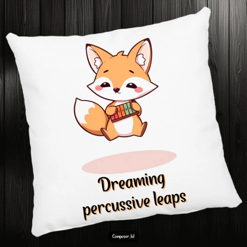 Funny fox pillow featuring a bouncy fox playing a tiny xylophone, a soft and humorous decorative item.