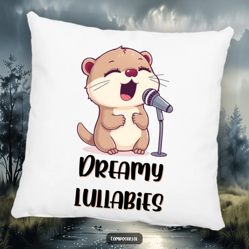 Funny, sweet otter singing into a microphone with closed eyes, designed on a plush pillow for comfort and flair.