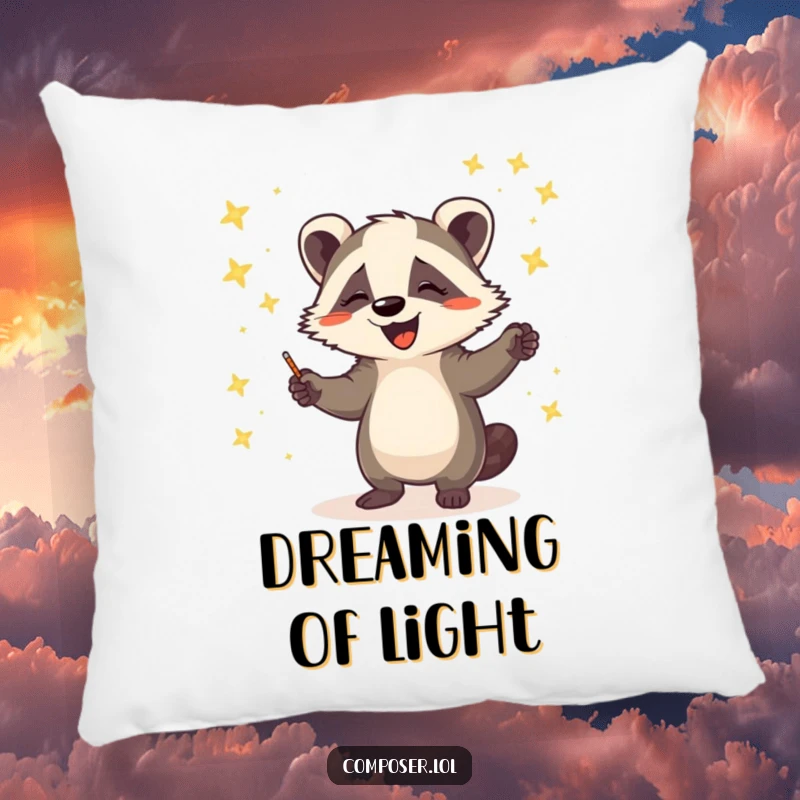 Funny pillow featuring a cheerful badger maestro orchestrating a magical concert of bright, glowing fireflies with expressive movements.