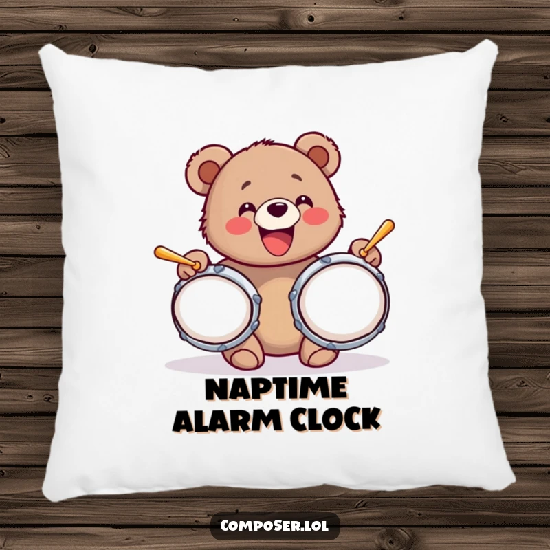 Funny pillow designed with a bear cub's wide grin, enthusiastically playing oversized cymbals, a symbol of joyful loudness.