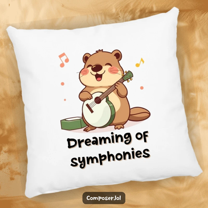 Funny pillow featuring a beaming beaver meticulously arranging musical instruments with precise, happy movements.