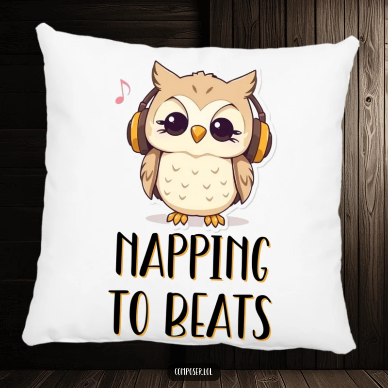 Funny, soft pillow with a curious owl wearing headphones and nodding to music, offering whimsical comfort.