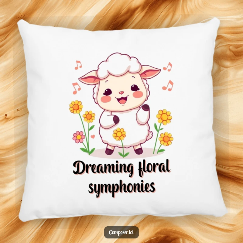 Funny sheep pillow featuring a cheerful sheep conducting flowers, a soft and humorous decorative item for any room.