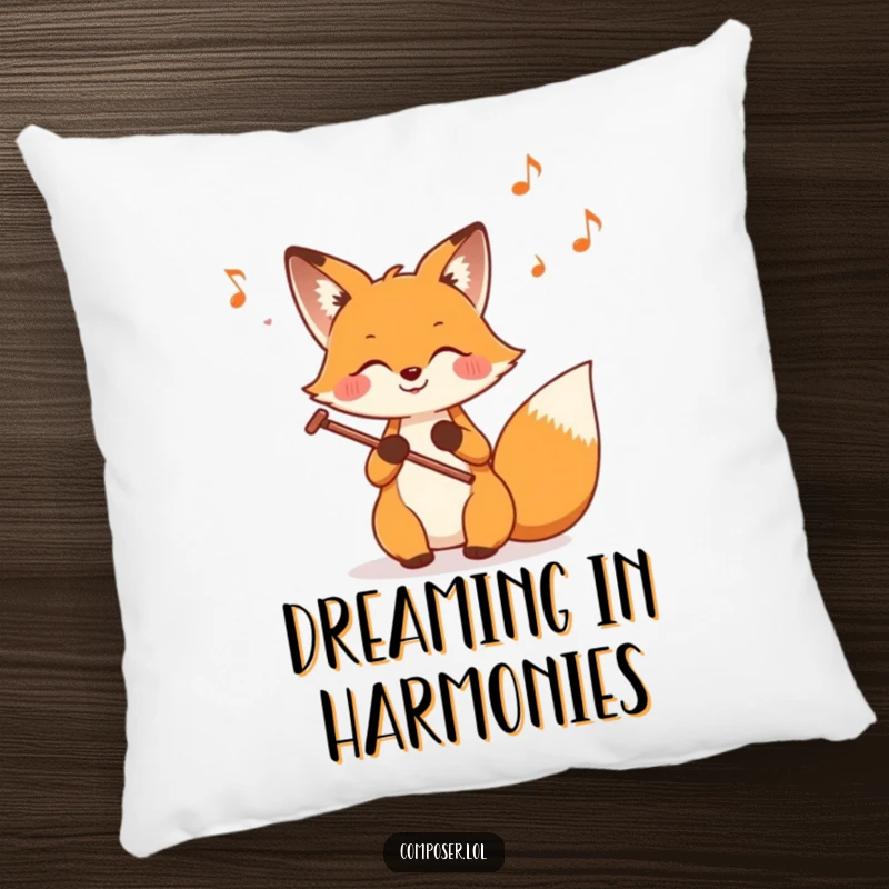 Funny Fox Composer Pillow, depicting a content fox concentrating on writing musical notes on a sheet.