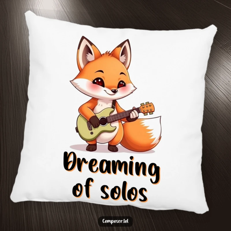 Funny, mischievous fox strumming a tiny guitar, depicted on a soft and comfortable pillow. Great for adding humor to decor.