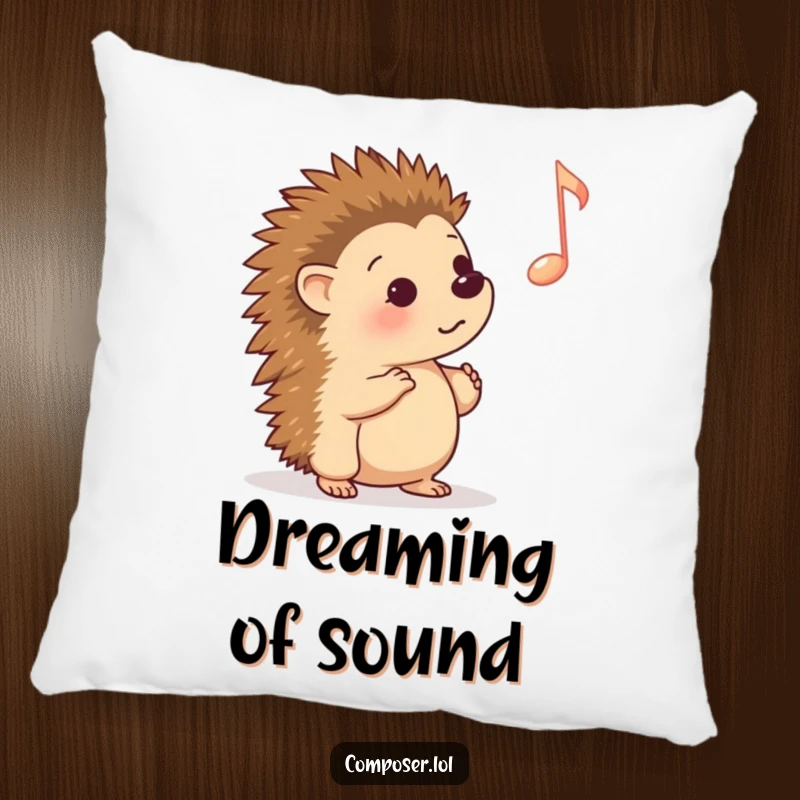 Funny Pillow: A curious hedgehog engrossed in a floating musical note, offering plush comfort and a dash of whimsical musical appreciation.