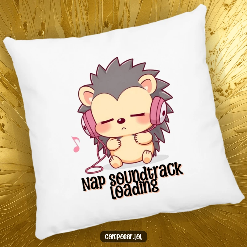 Funny and cozy hedgehog pillow, listening to music with earbuds, eyes closed, perfect for relaxation.