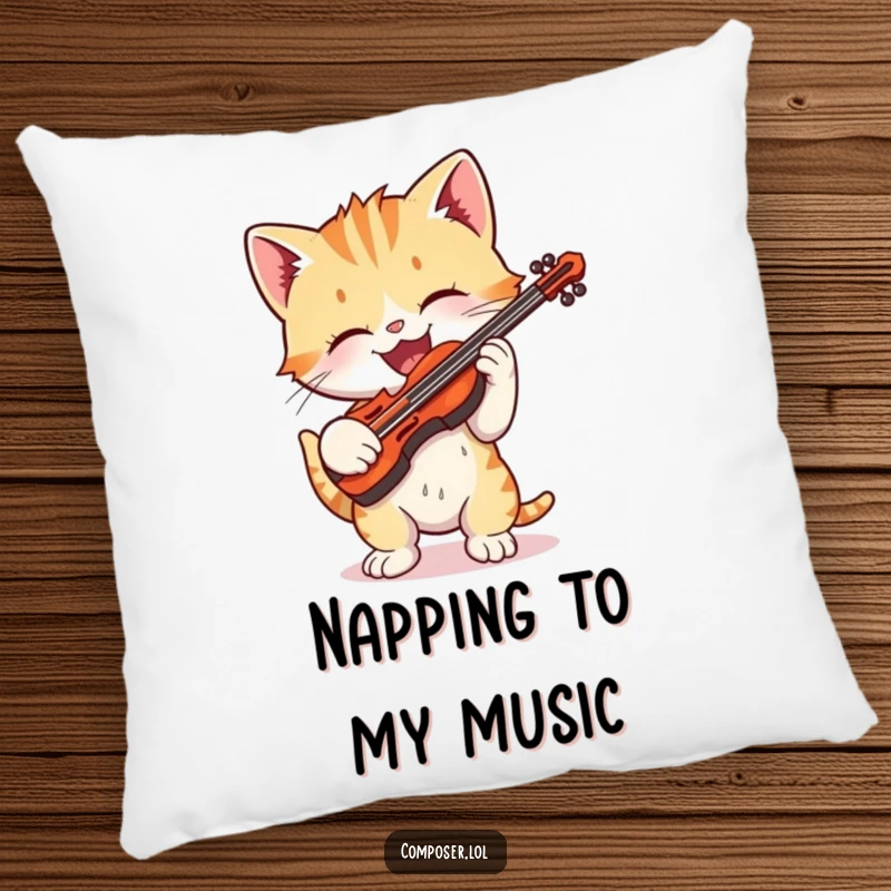 Funny cartoon kitten gleefully playing a tiny violin with exaggerated delight on a soft pillow, a hug of musical joy.