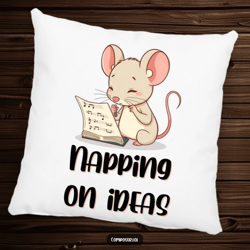 Funny pillow featuring a curious mouse composer peering at a musical score, perfect for adding intellectual charm to any room.