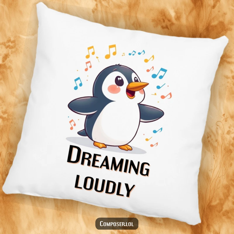 Funny penguin symphony pillow, a surprised penguin reacting to a loud symphony of sounds, offering comfort and humorous surprise.