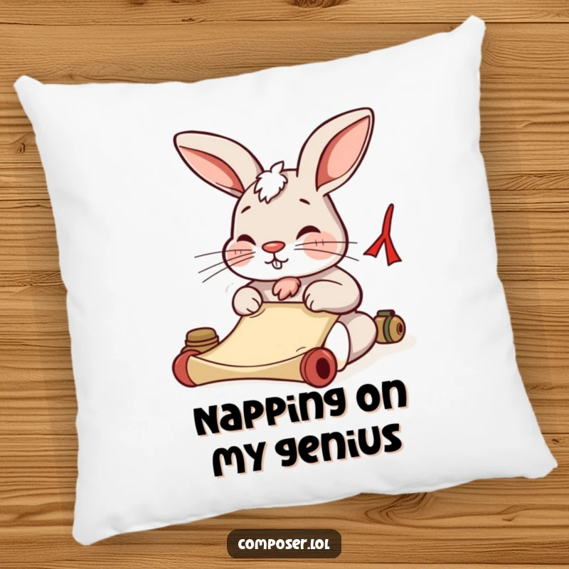 Funny rabbit nose wiggling while writing on a scroll, depicted on a soft and comfortable pillow. Great for decor.