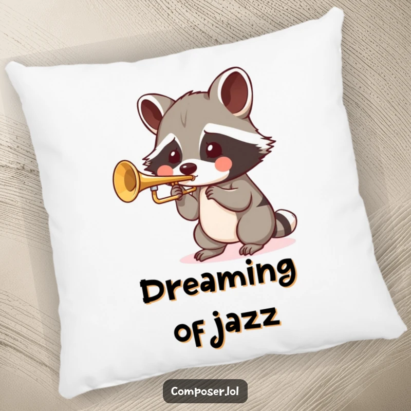 Funny Raccoon Trumpet Pillow: a playful raccoon blows into a tiny trumpet with puffed cheeks, adding humor.