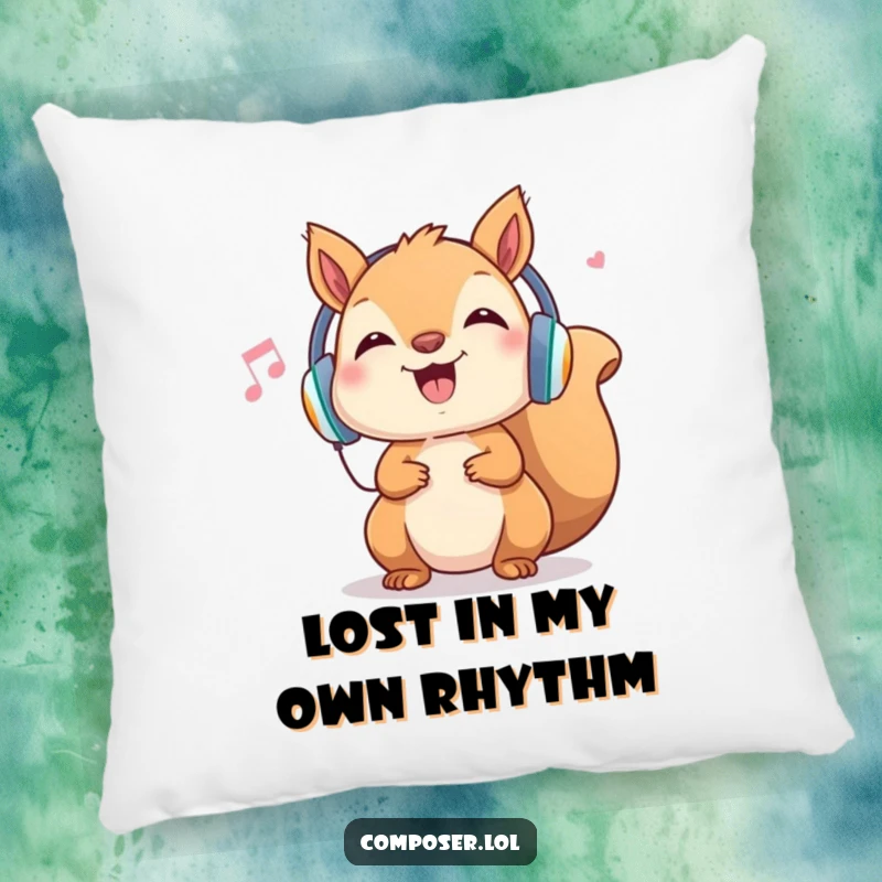 Funny Squirrel Couch Pillow: Cheerful rodent with headphones, head bopping to music, comfortable and humorous decor