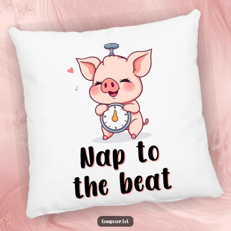 Funny Piglet Metronome Pillow: a piglet spins a metronome with intense concentration, adding humor to decor.