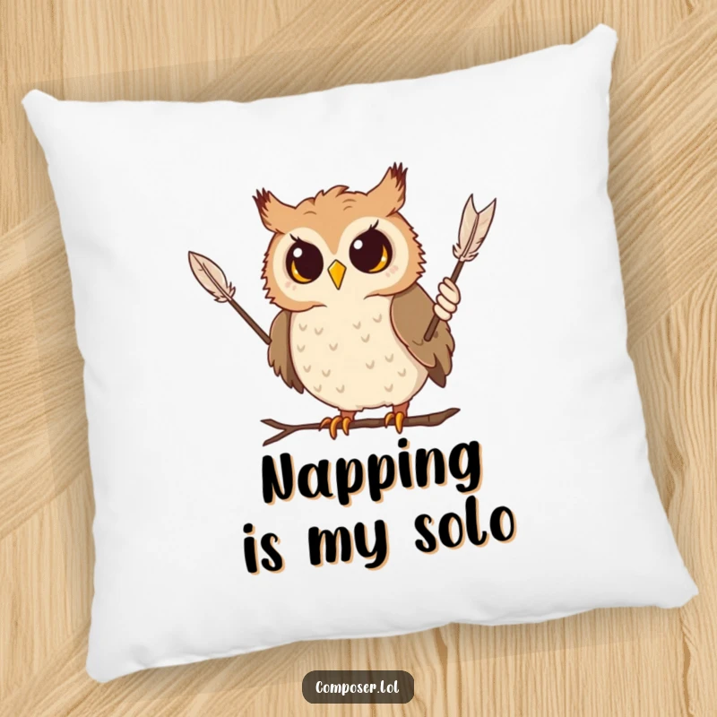 Funny owl pillow featuring a curious owl conducting with a feather, a soft and humorous decorative item.