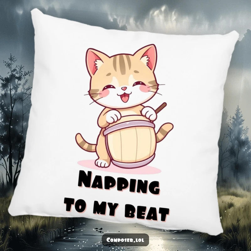 Funny pillow featuring a happy cat playing drums, offering comfort and a humorous musical theme.
