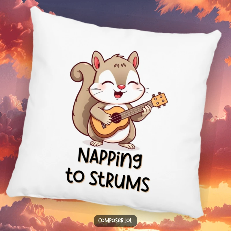 Funny, soft pillow featuring a happy squirrel enthusiastically playing a miniature ukulele, perfect for adding whimsical charm.