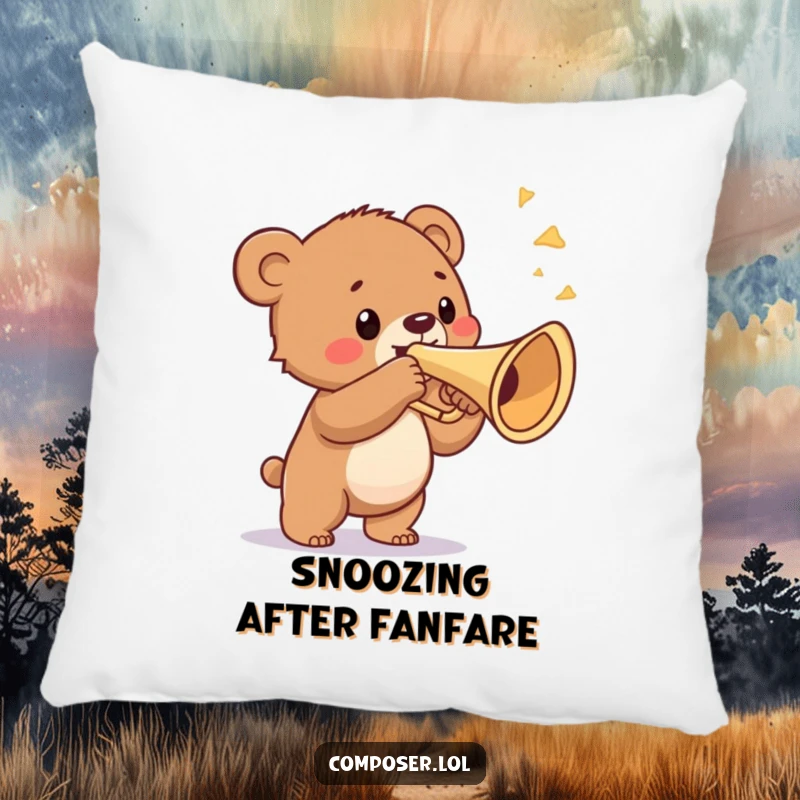 Funny pillow featuring a proud bear cub blowing a triumphant fanfare on a ridiculously large trumpet, offering cozy comfort and bold musical vibes.