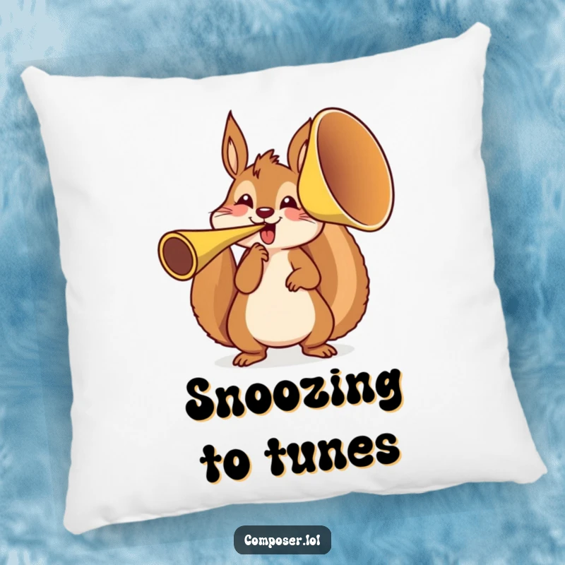 Funny, energetic squirrel character playing a giant French horn, designed on a plush pillow for cozy and humorous home decor.