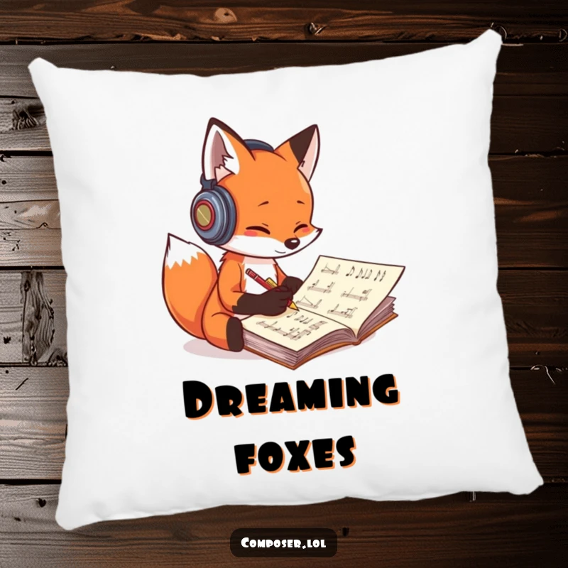 Funny fox composer pillow, a fox with headphones scribbling music, offering soft comfort and creative vibes.