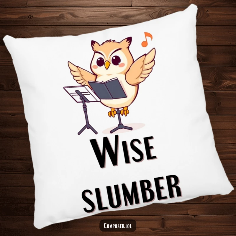 Funny owl composer pillow, a wise owl pointing at a musical note, offering soft comfort and intellectual vibes.