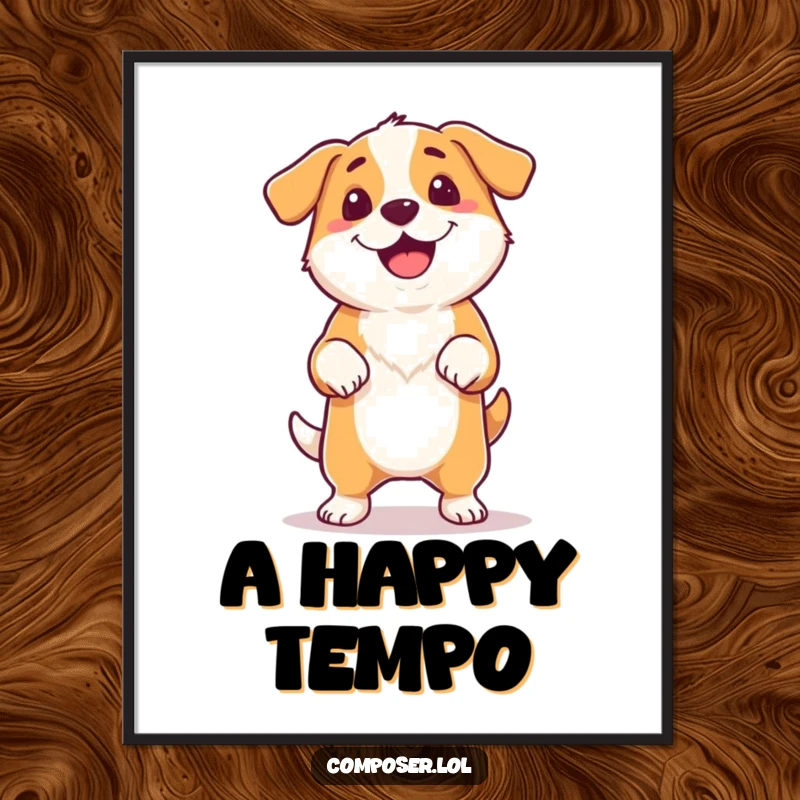 Funny proud dog tapping its foot rhythmically, tail wagging, dancing to unseen music, digital art.