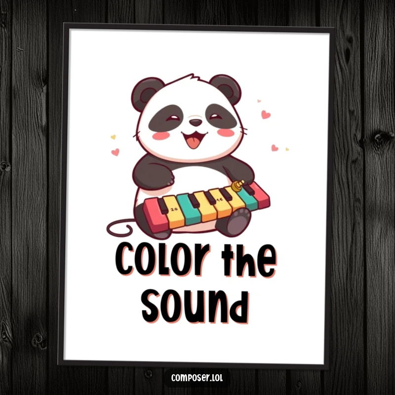 Funny, chubby panda character joyfully playing a xylophone, offered as a digital art print for instant home decor.