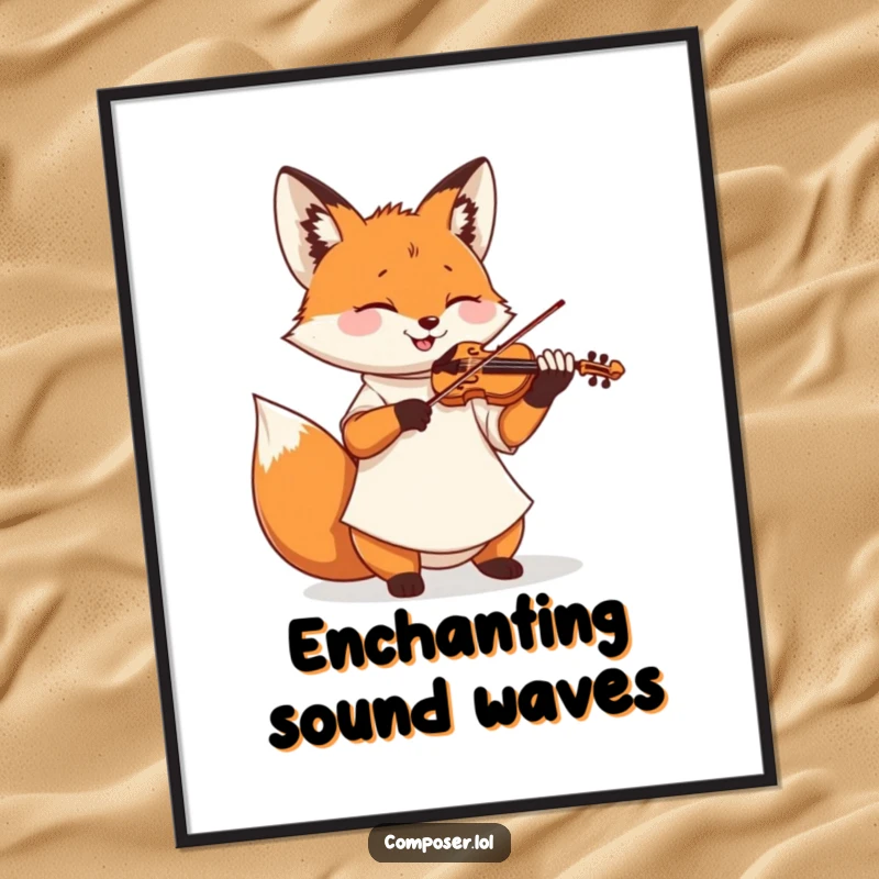 Funny digital art print of a fox in a smock joyfully playing a miniature violin, perfect for music-themed decor.