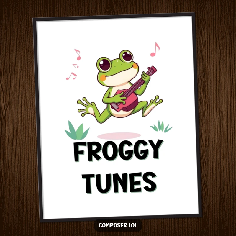 Funny digital art of a joyful frog composer leaping with excitement while composing a catchy tune, full of vibrant energy.